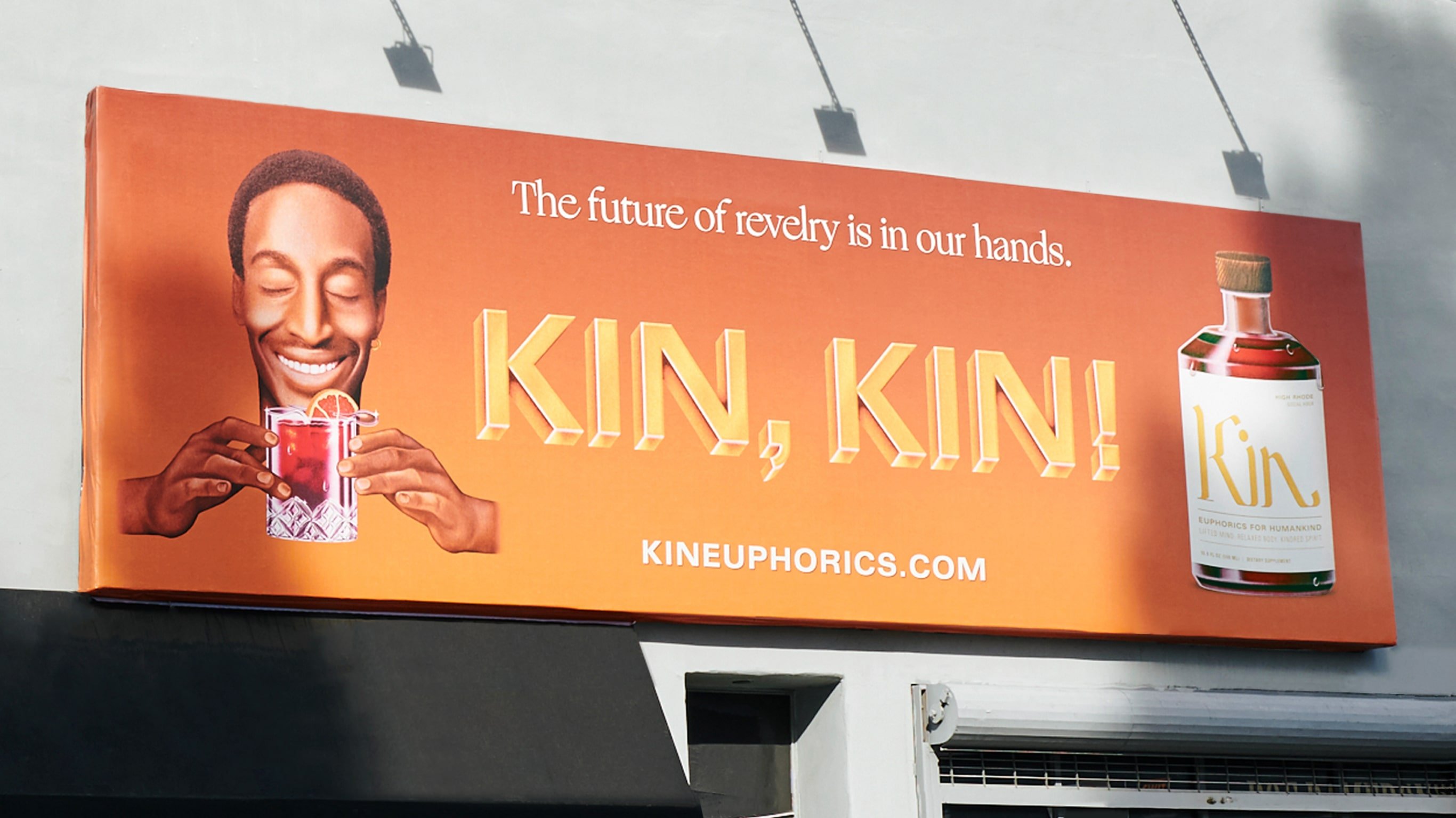 Kin Euphorics Campaign launch billboard, Robert Beatty illustrations on orange background. Campaign art direction and strategy by RoAndCo Studio