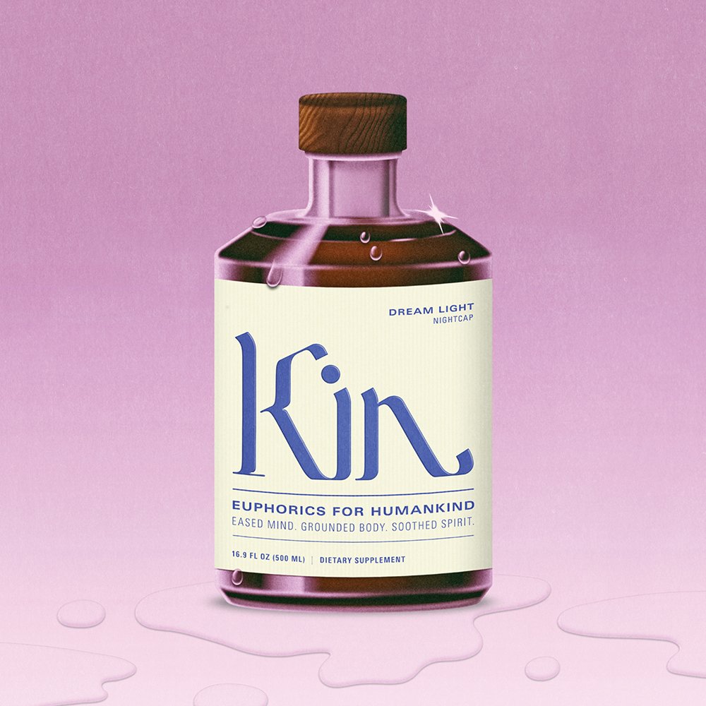 Illustration of Kin Euphorics bottle by Robert Beatty, campaign art direction and branding by RoAndCo