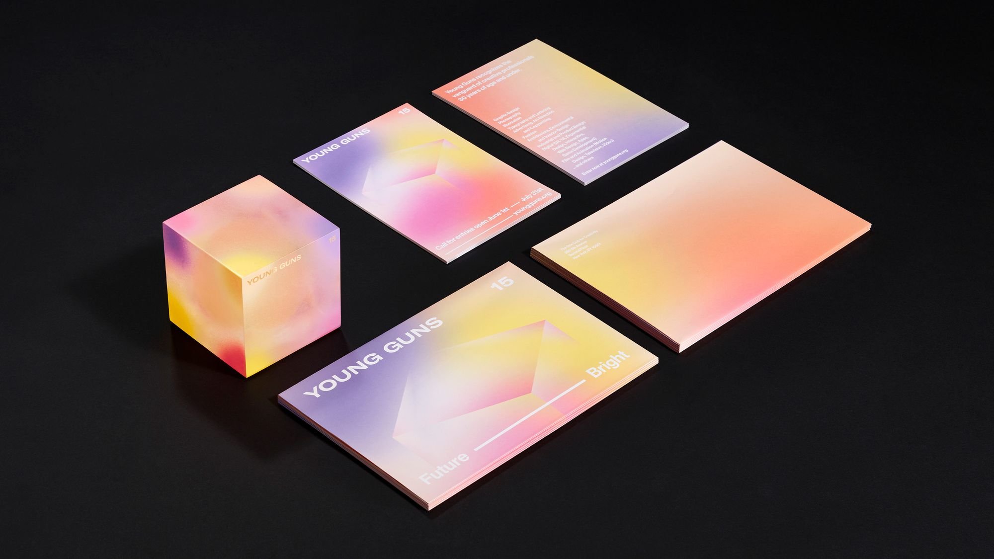 Young Guns printed materials in gradient color, Design by RoAndCo