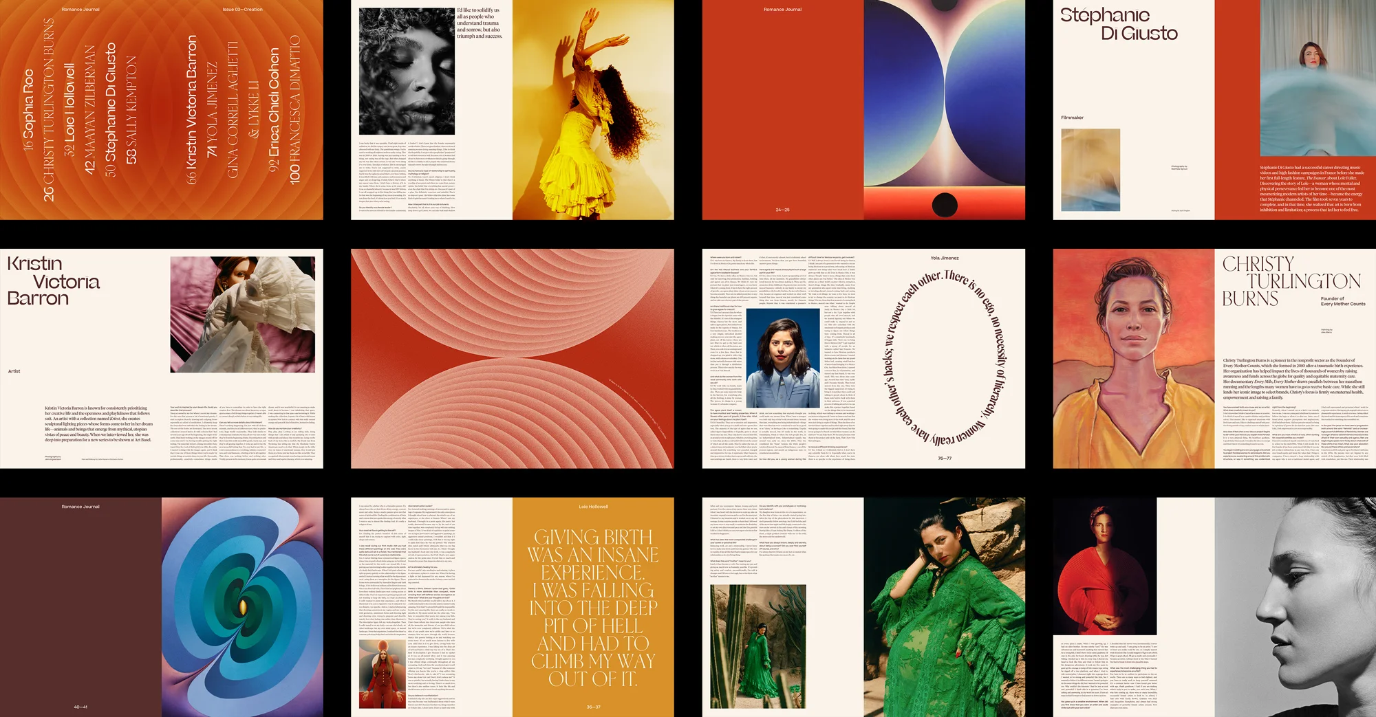 Romance Journal Issue 03 grid of interior spreads. Sophia Roe, Christy Turlington Burns, Stephanie Di Gusto, Kristen Victoria Barron. Romance Journal issue 03 cover – Creation. Publication design, art direction, print design by RoAndCo