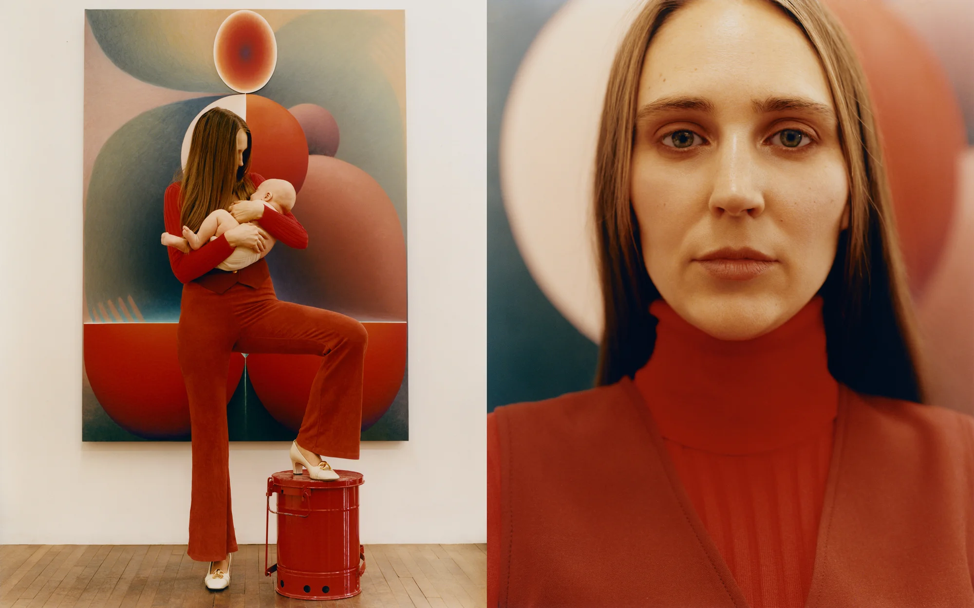 Loie Hollowell holding her baby in red Gucci suit for Romance Journal Issue 03. Publication design, art direction, print design by RoAndCo. RoAndCo partnership with Gucci