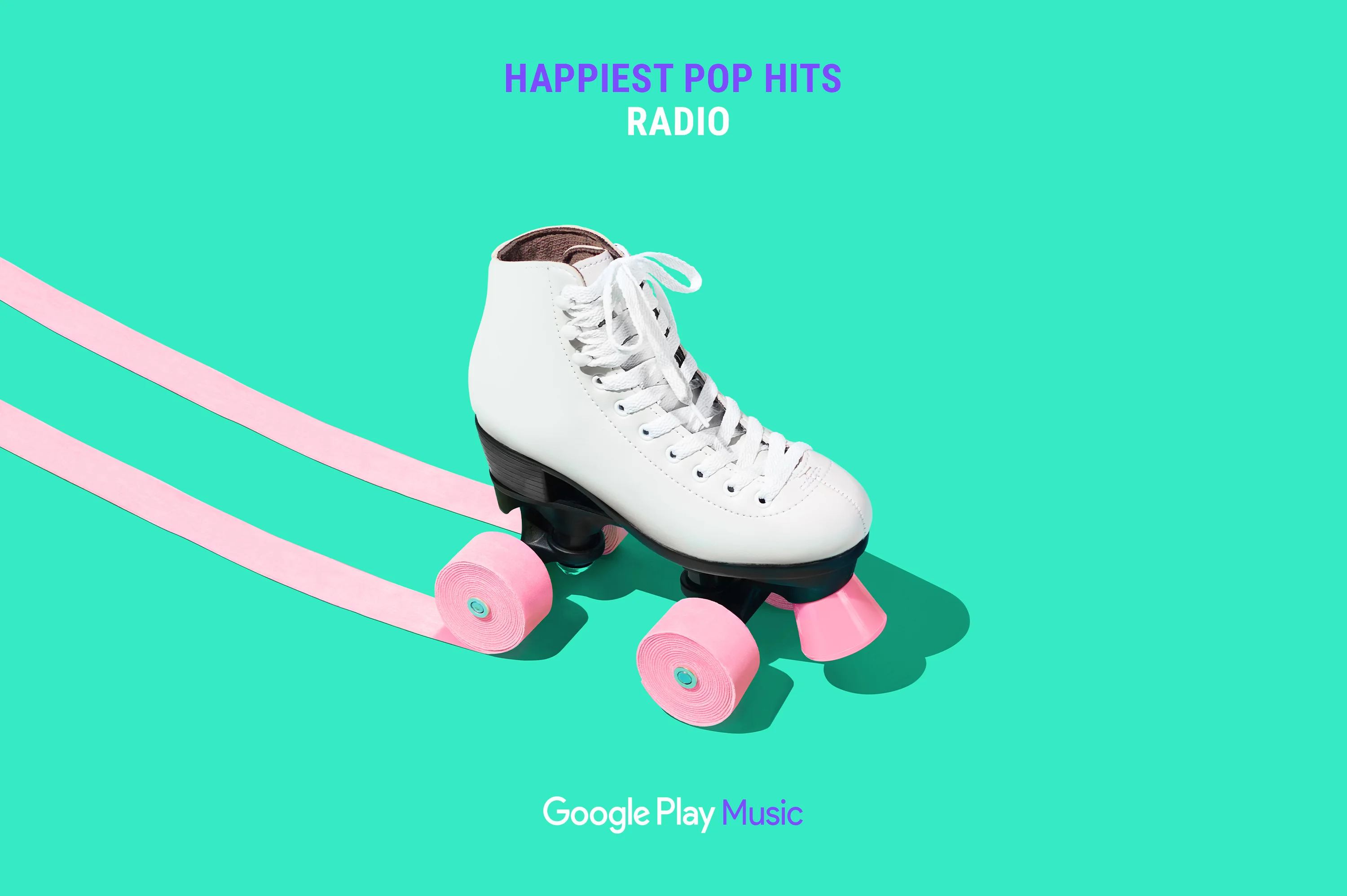 Google Play Music – Happiest Pop Hits Radio ad featuring roller skate with bubble gum tape wheels. Campaign concept and Art Direction by RoAndCo