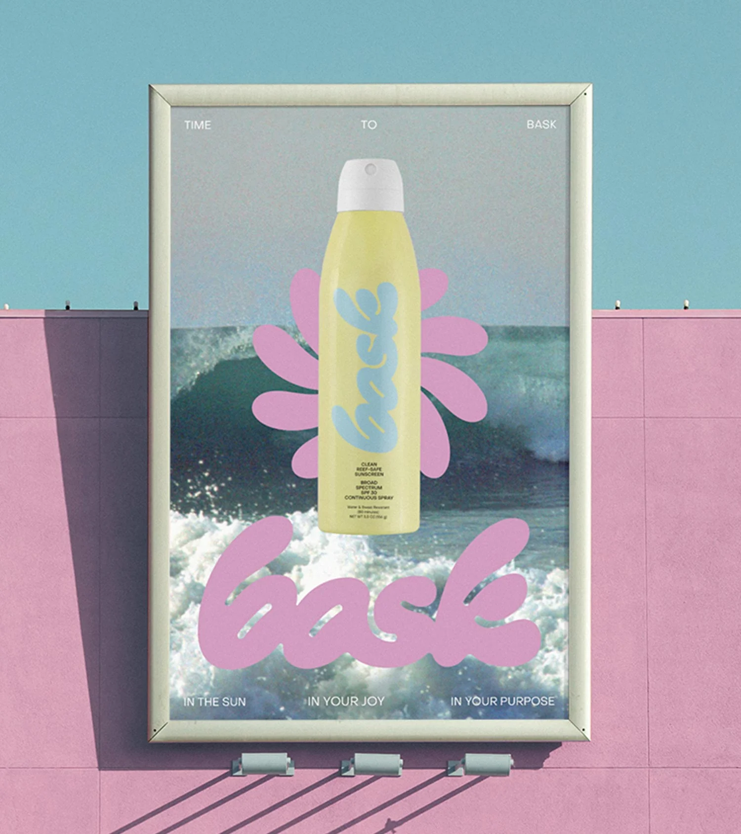 Bask Yellow Continuous Spray Bottle Poster on a Billboard by RoAndCo