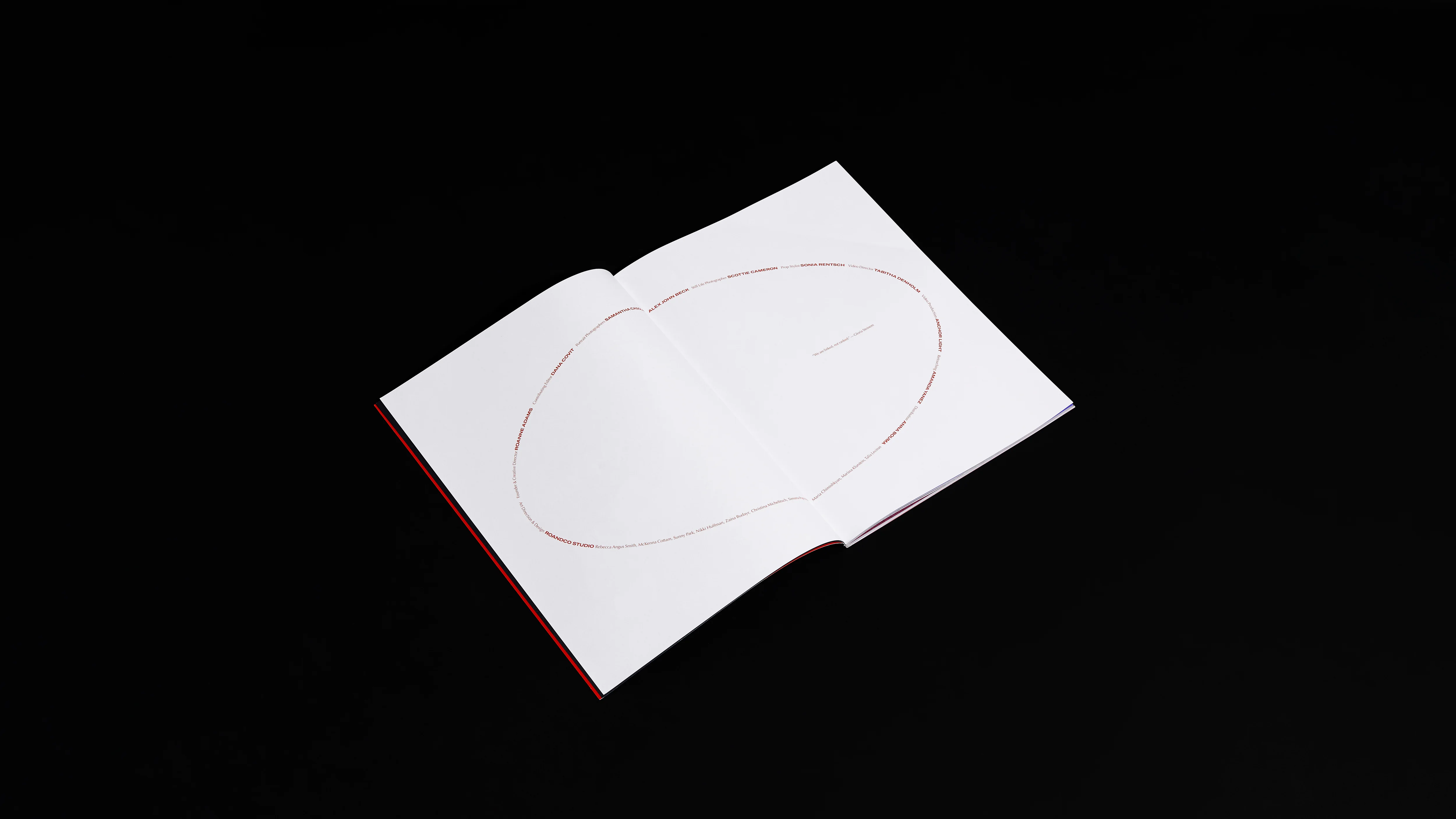 Romance Journal issue 02 Resistance credits. RoAndCo Studio, Roanne Adams, Rebecca Angus Smith. Publication design, art direction, print design, interviews by RoAndCo.