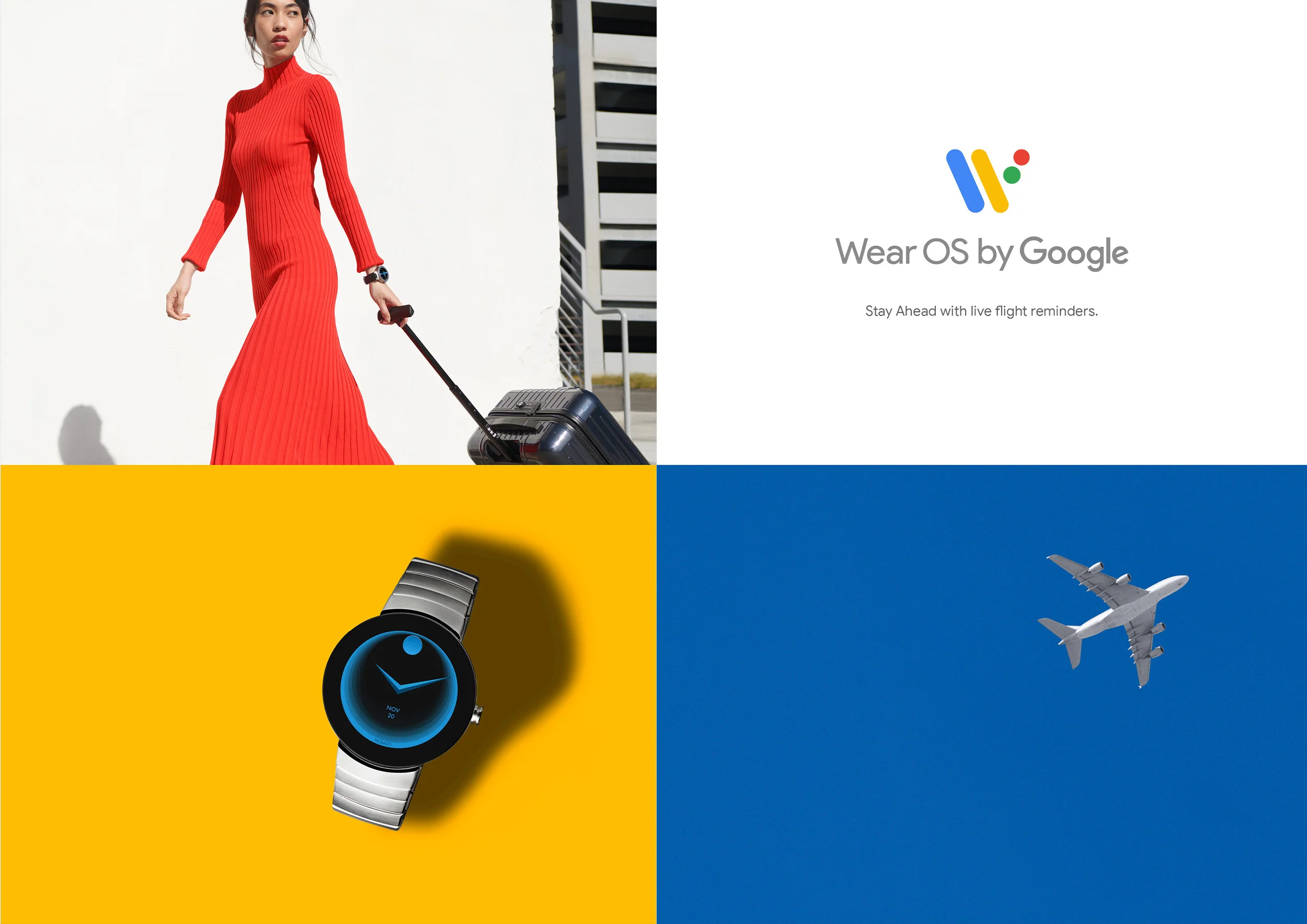 Google Wear OS Campaign ad, Stay ahead with live flight reminders. Art Direction and Campaign by RoAndCo