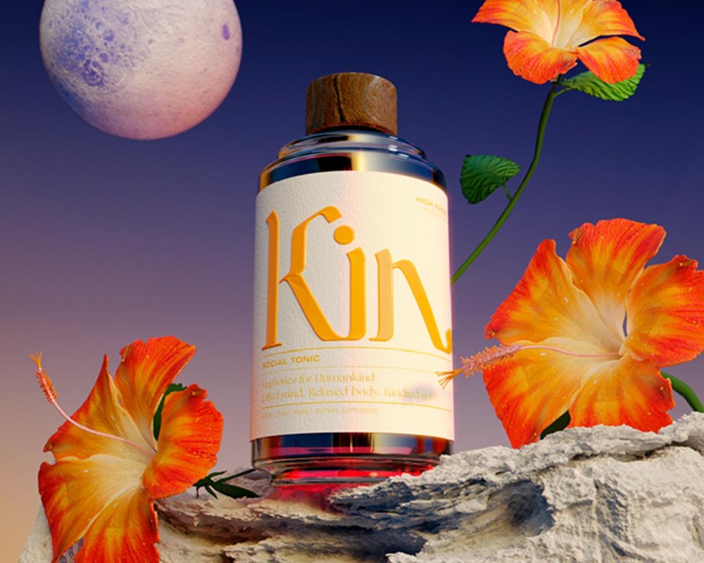 Kin Euphorics campaign graphic, featuring hibiscus flowers and a setting moon. Packaging design and art direction by RoAndCo