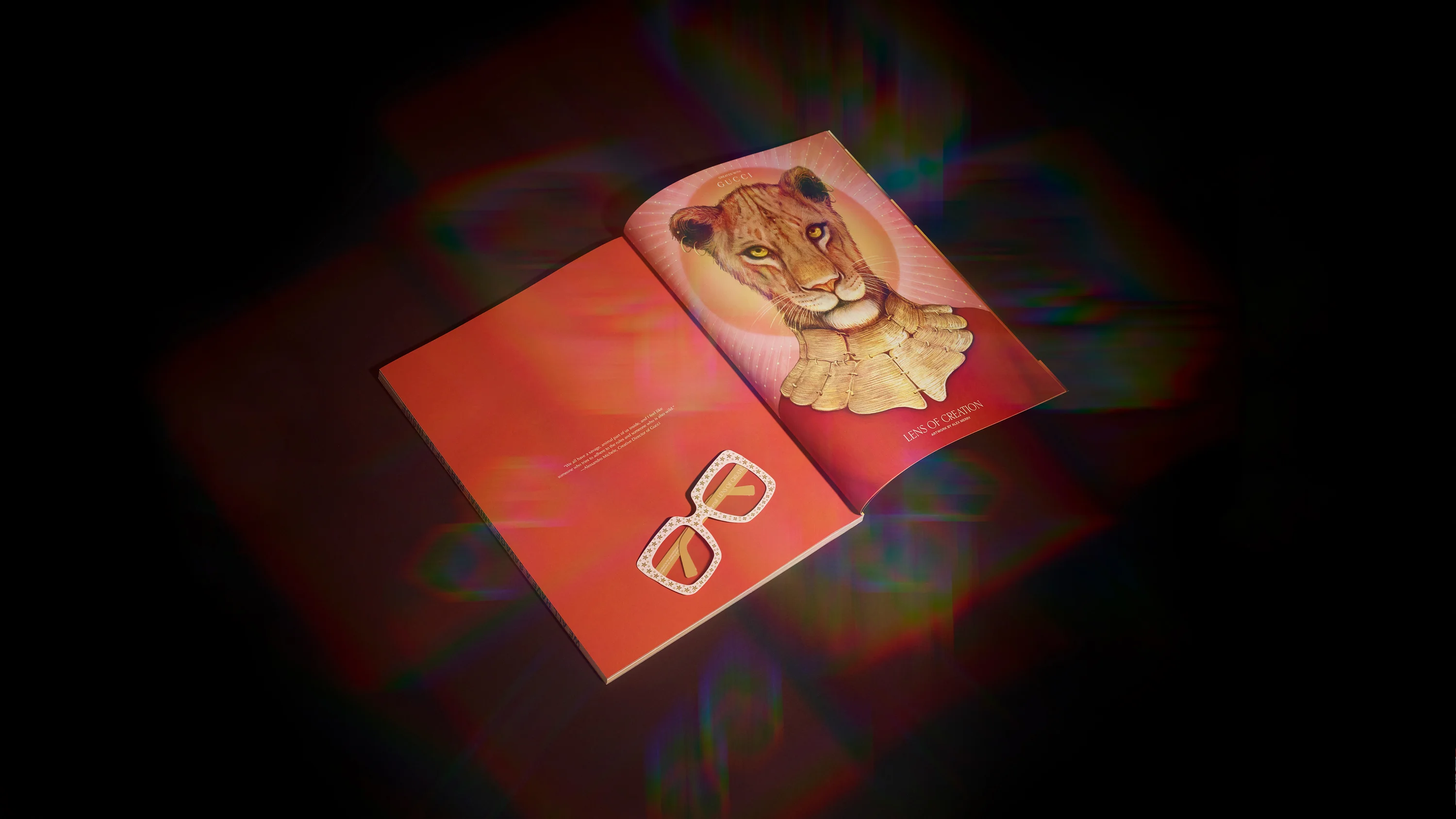 Gucci Lion and lenticular glasses spread in Romance Journal Issue 03. Publication design, art direction, print design by RoAndCo. RoAndCo partnership with Gucci