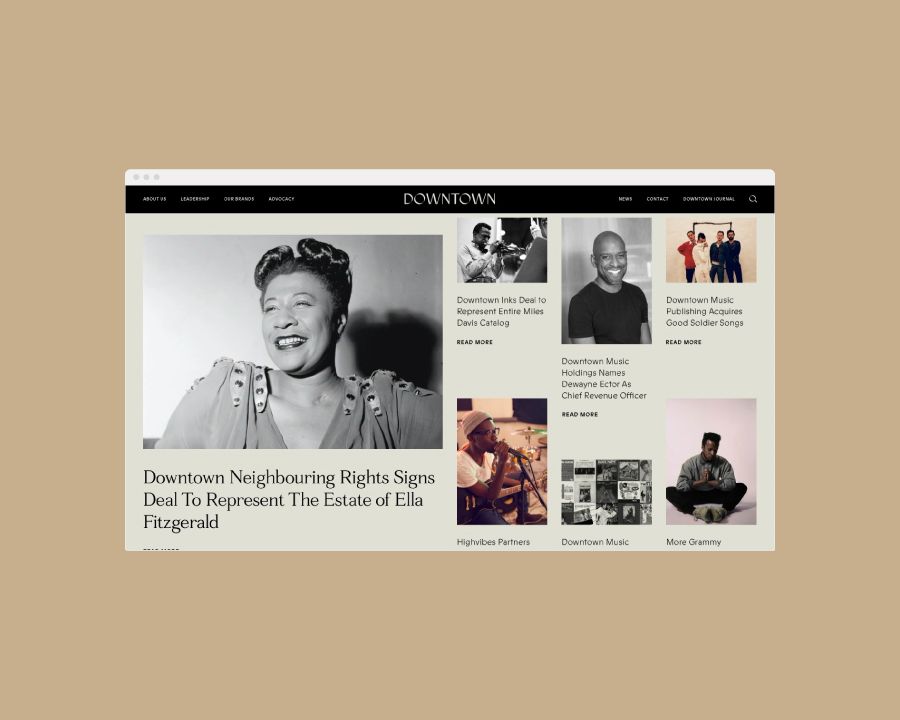 Downtown Music website homepage featuring various artists, designed by RoAndCo Studio