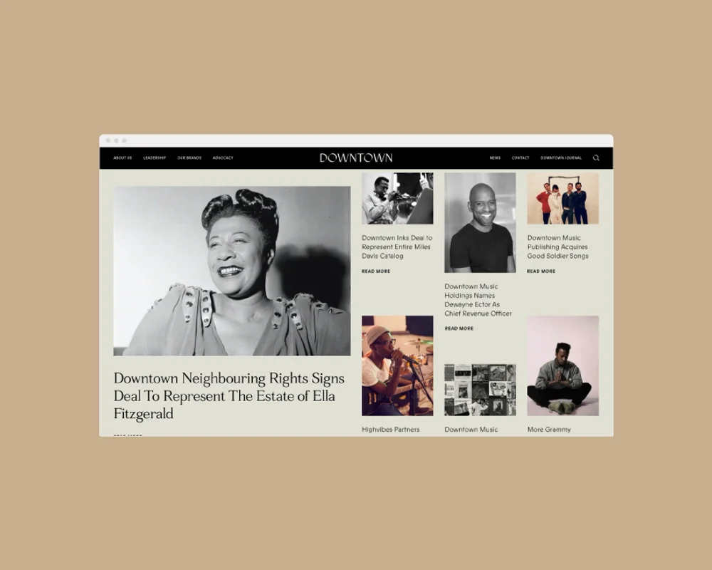 Downtown Music website homepage featuring various artists, designed by RoAndCo Studio