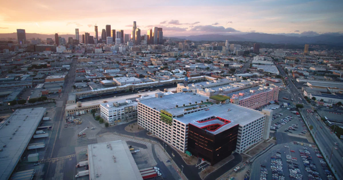 Row DTLA aerial image of buildings and landscape, branding by RoAndCo