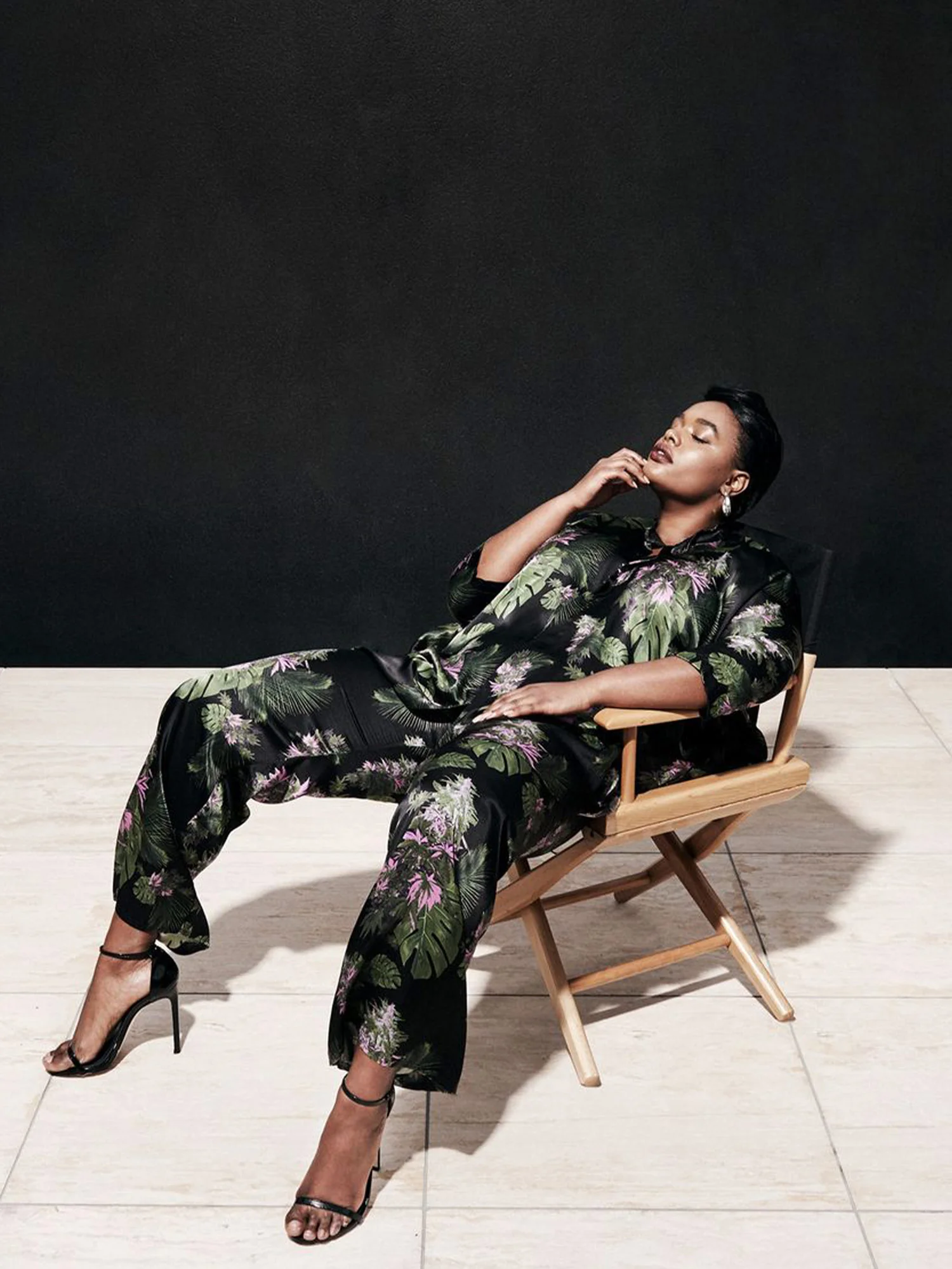 Model Precious Lee for 11 Honoré – wearing matching floral silk shirt and pants