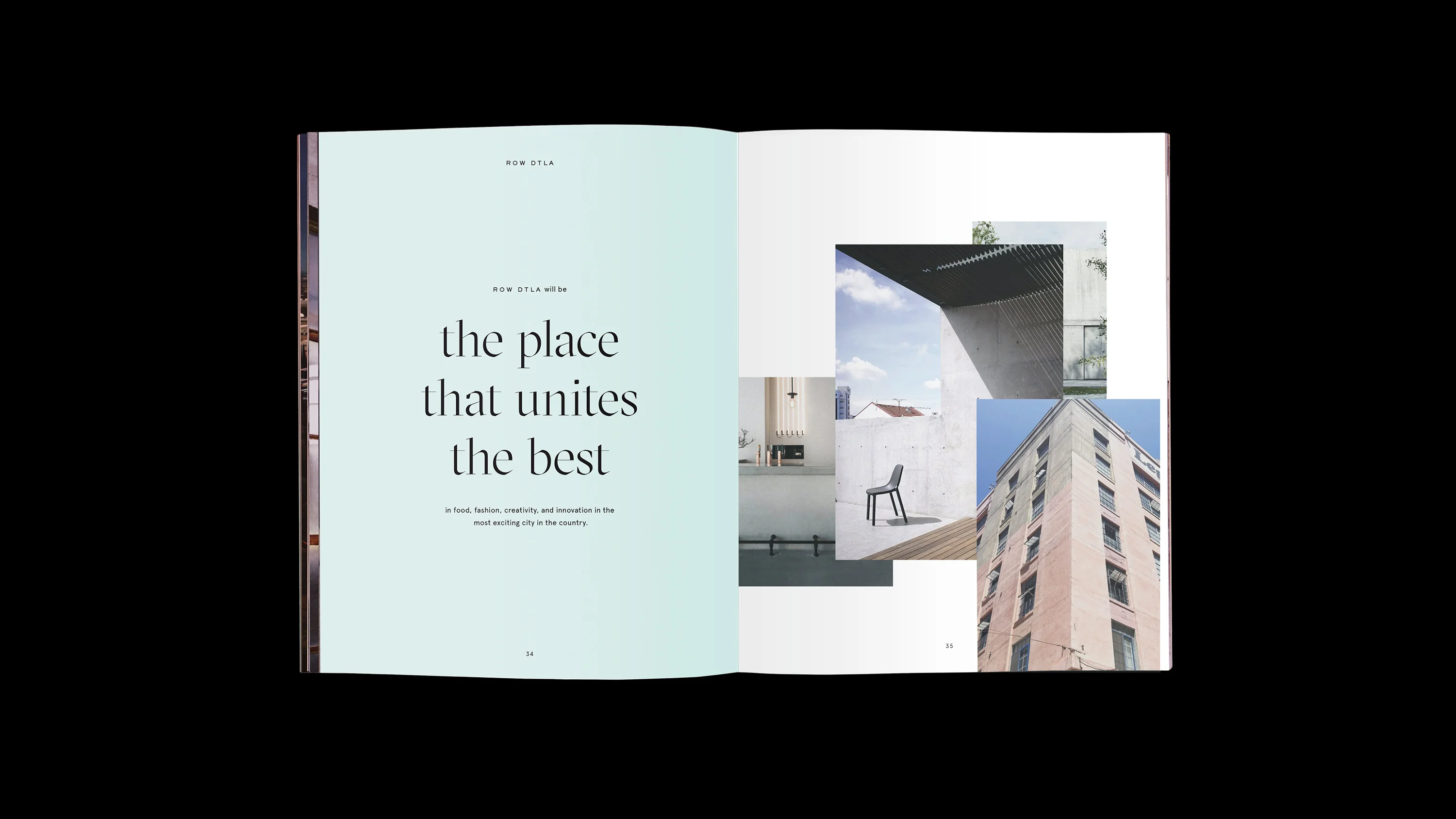 Row DTLA Brand book interior spread - "The place that unites the best." Branding and print design by RoAndCo