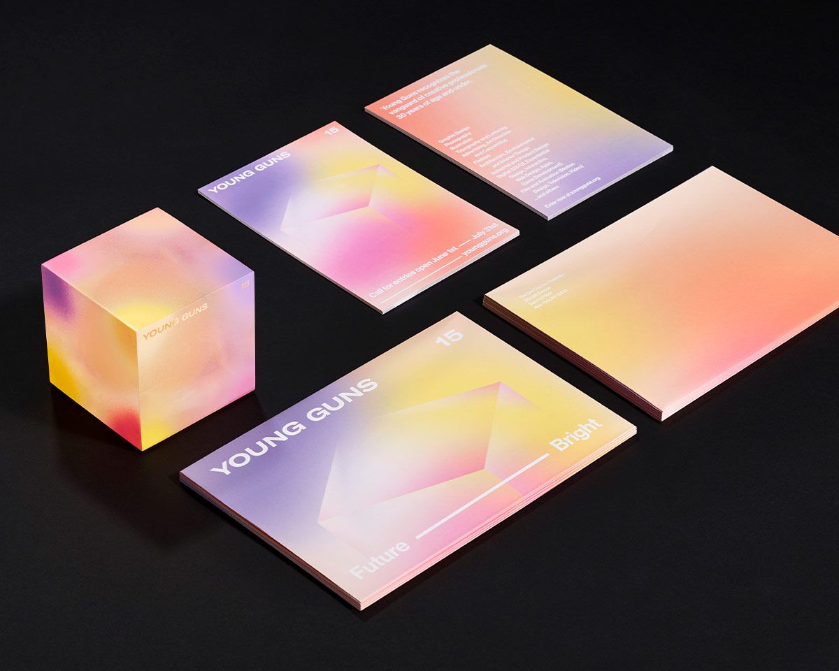 Young Guns printed materials in gradient color, Design by RoAndCo