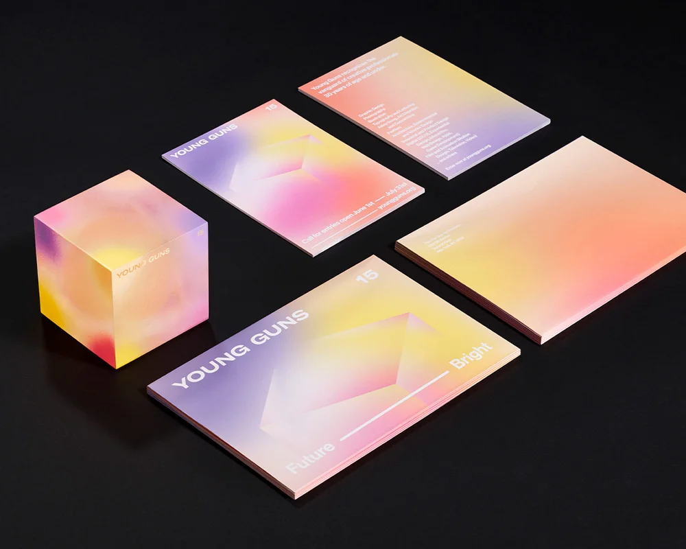 Young Guns printed materials in gradient color, Design by RoAndCo