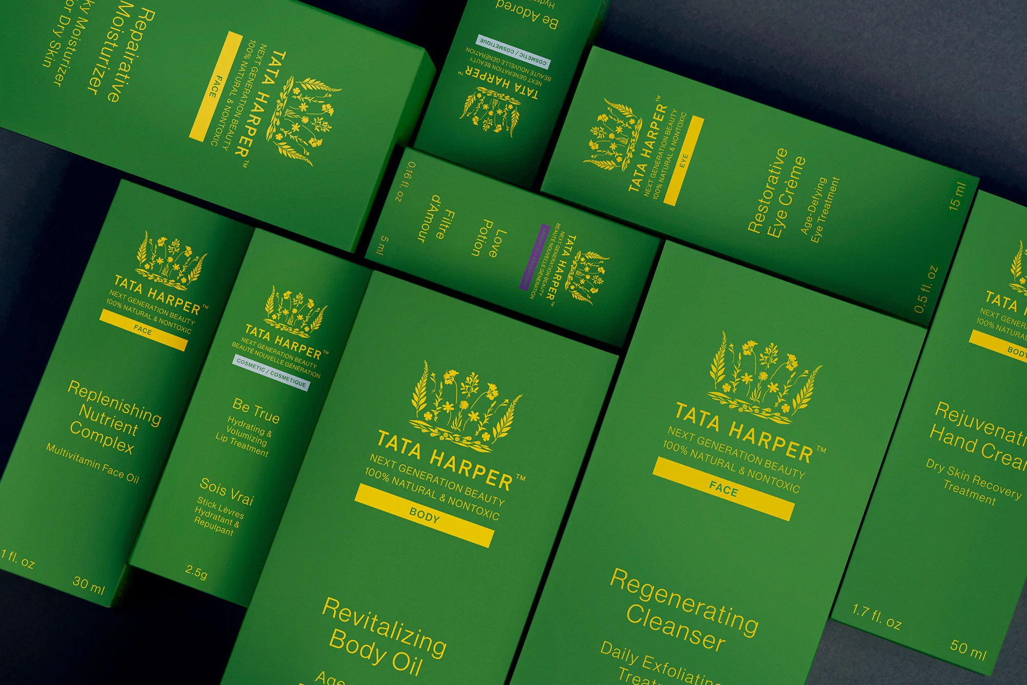 Close-up of Tata Harper secondary packaging, front view, designed by RoAndCo Studio