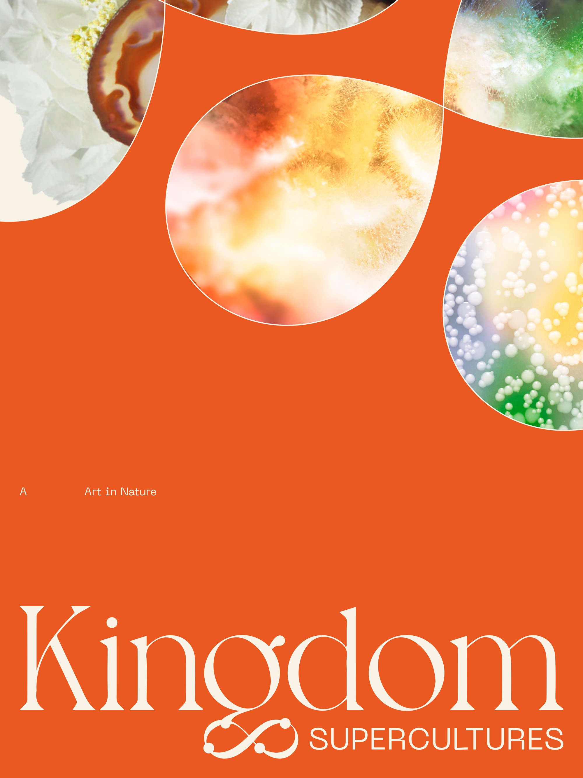 Kingdom Supercultures orange poster with custom infinity sign graphics, designed by RoAndCo