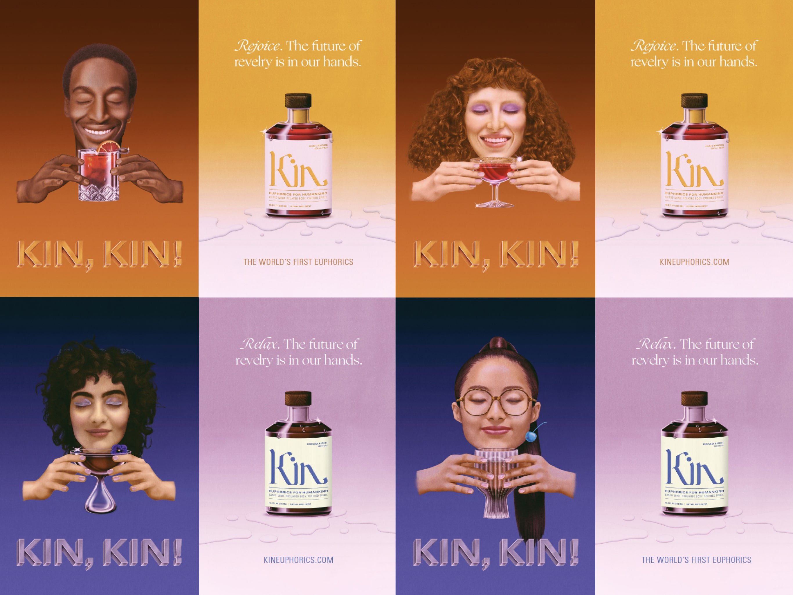 Kin Euphorics campaign posters, illustrations by Robert Beatty. Campaign Art Direction by RoAndCo