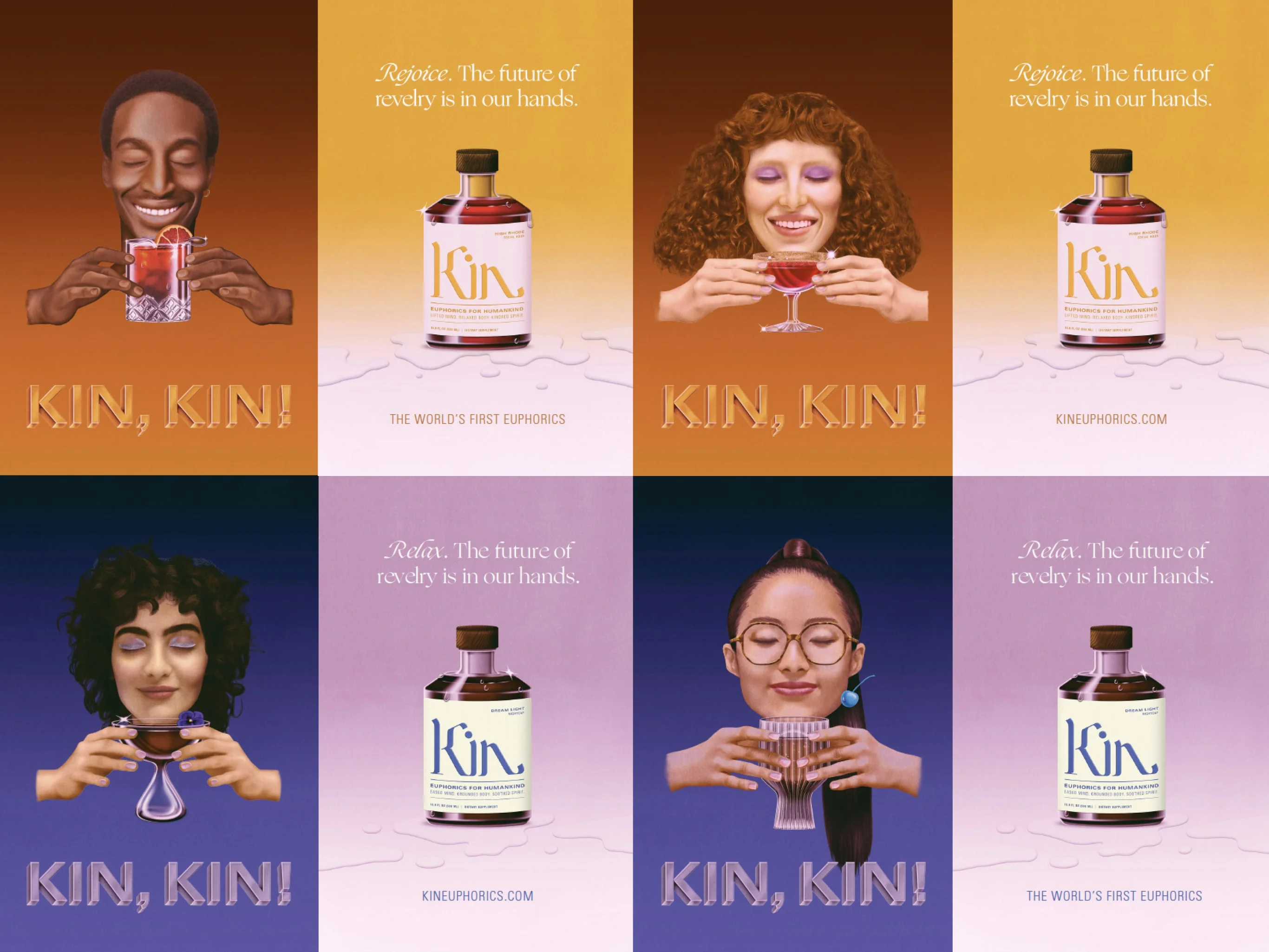 Kin Euphorics campaign posters, illustrations by Robert Beatty. Campaign Art Direction by RoAndCo