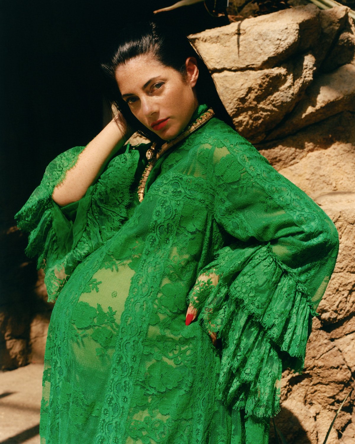 Maayan Zilberman in green Gucci dress for Romance Journal Issue 03. Publication design, art direction, print design by RoAndCo. RoAndCo partnership with Gucci 