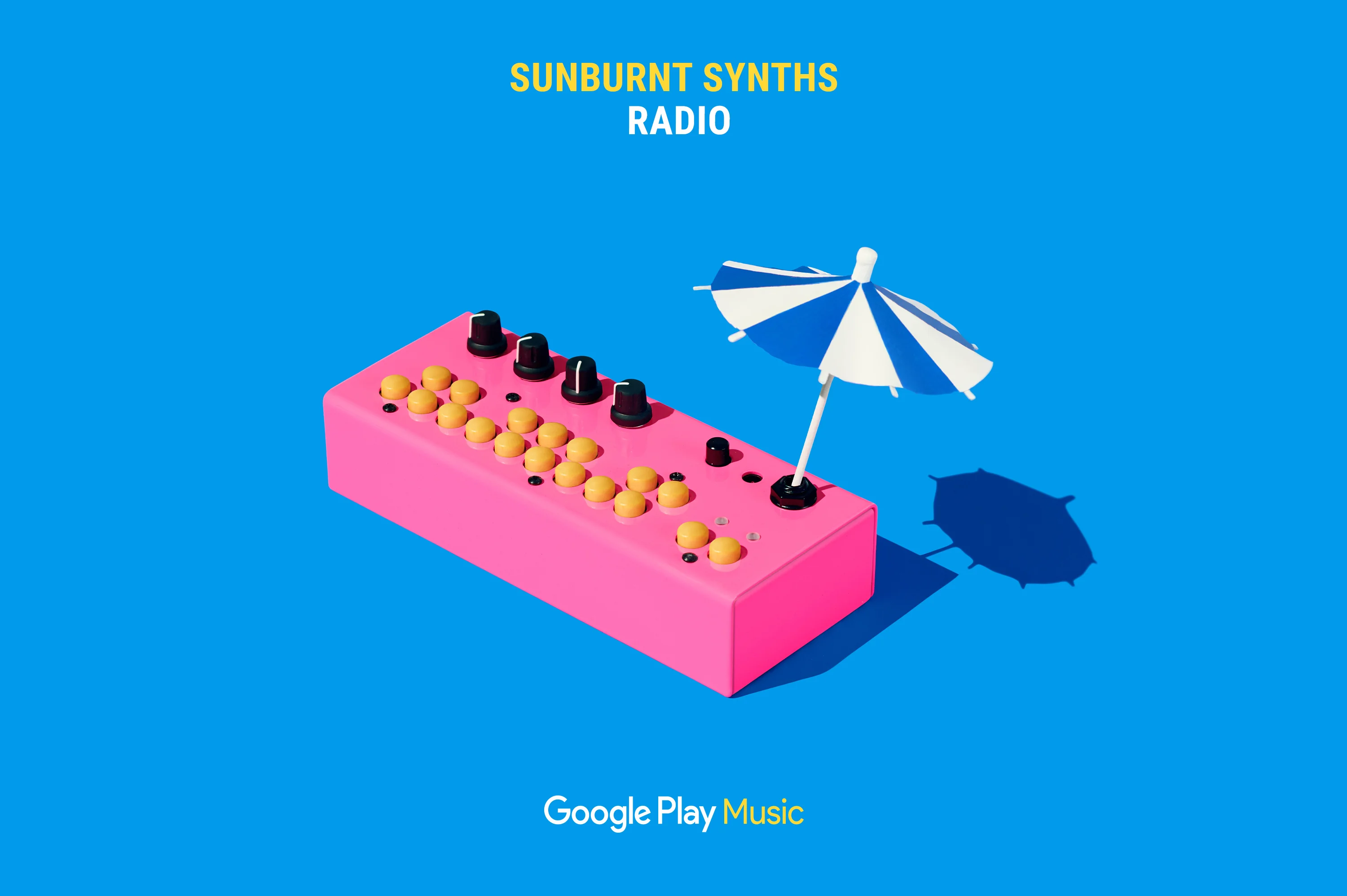 Google Play Music – Sunburnt Synths Radio ad featuring pink mini synth with pool umbrella. Campaign concept and Art Direction by RoAndCo