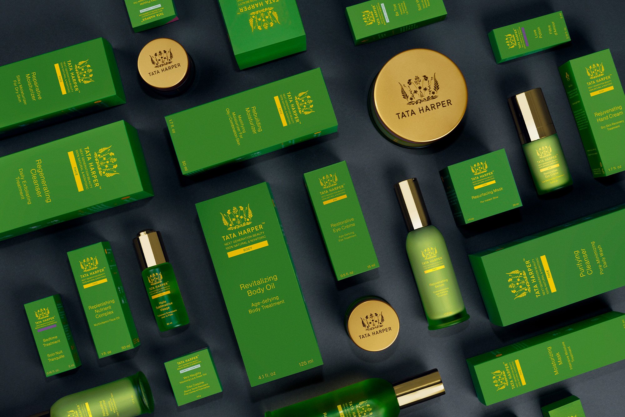 Tata Harper skincare primary and secondary packaging, arial view, designed by RoAndCo Studio 