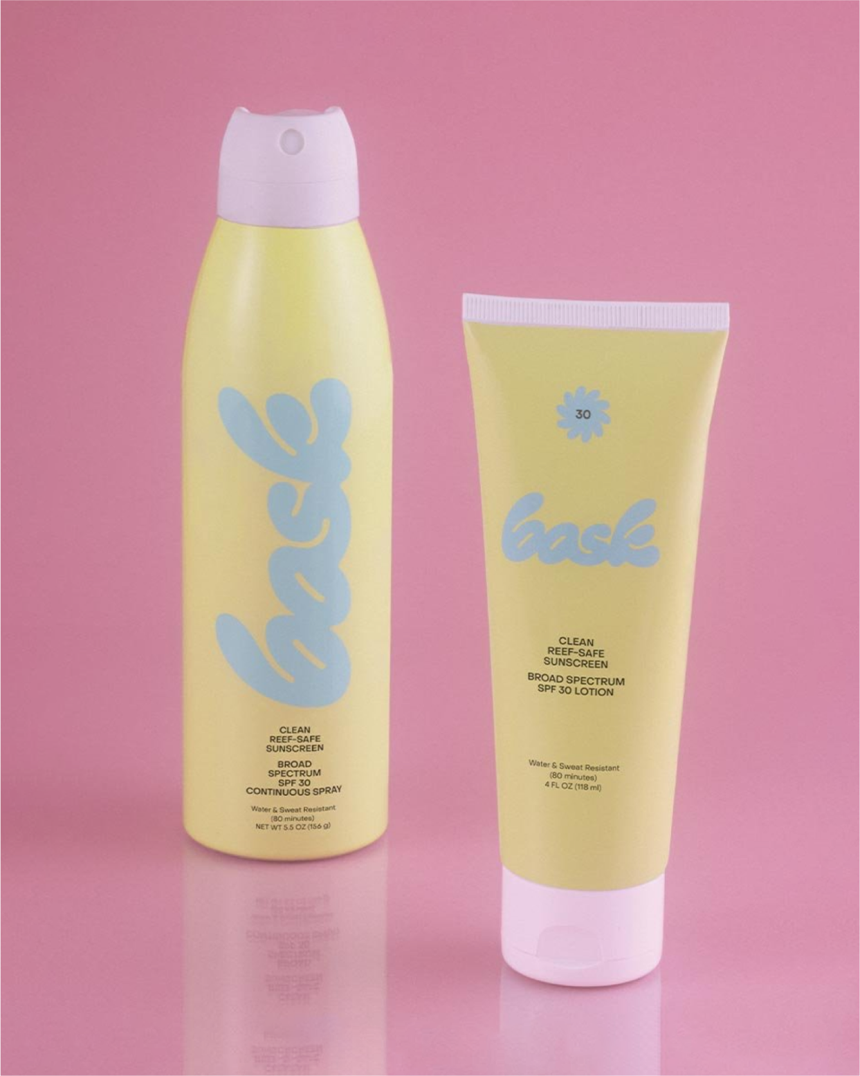 Bask Sunscreen Yellow Bottles on a Pink Background by RoAndCo