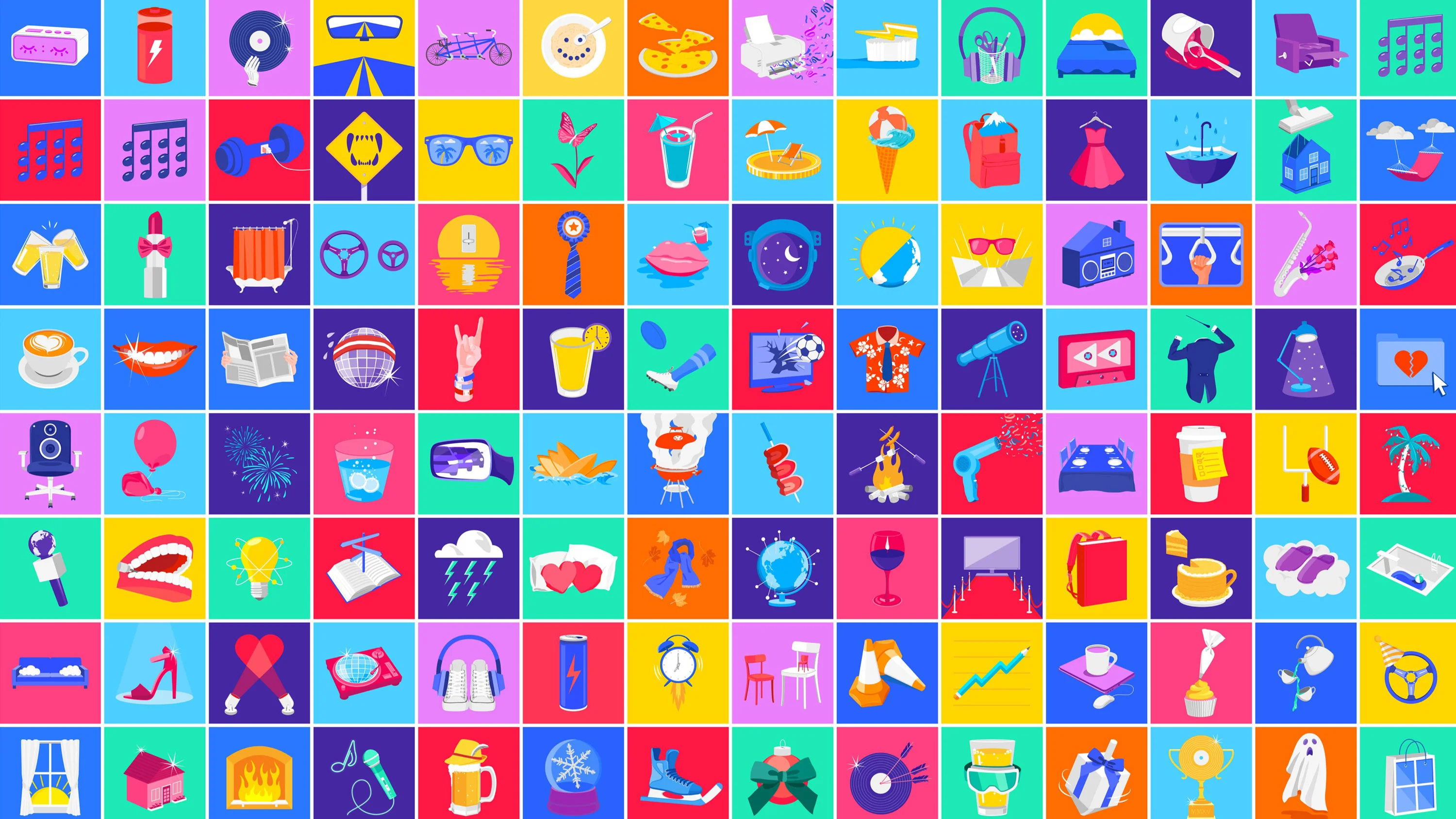 Grid of every icon made for Google Play Music by RoAndCo Studio. Sunglasses, beach ball, lemonade, light bulb, chairs, traffic cones, palm tree, dress, flowers, shopping bag.