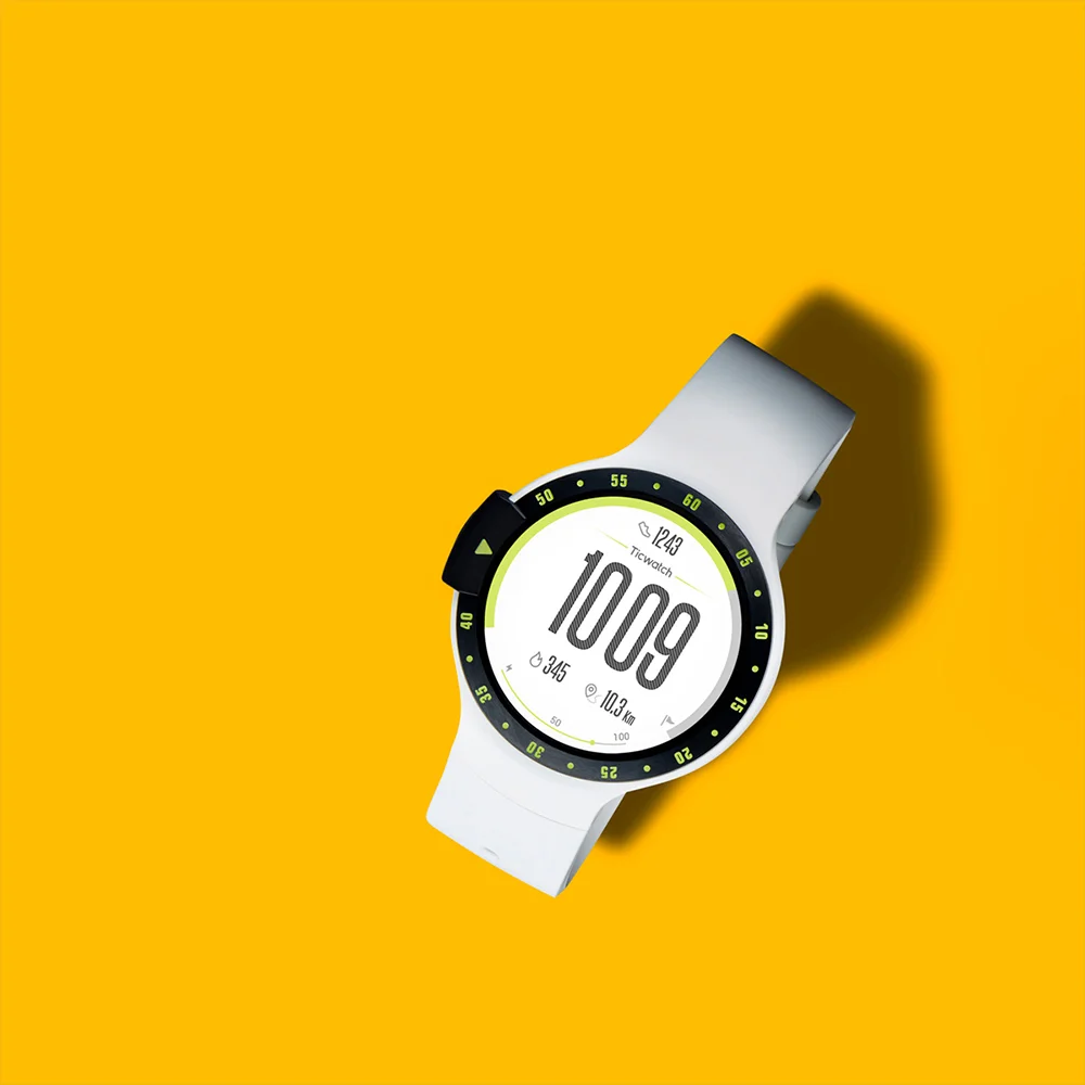White Google Wear OS watch on yellow background, art direction by RoAndCo