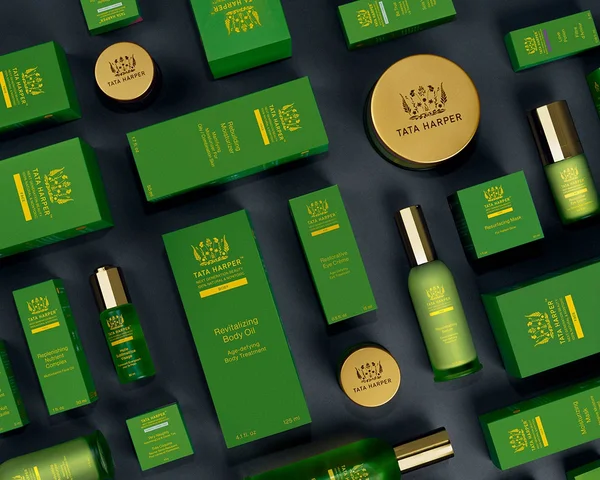 Tata Harper skincare primary and secondary packaging arial view