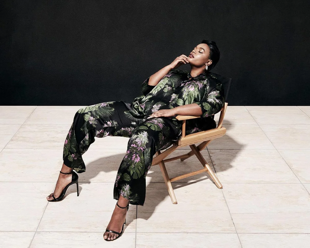 Model Precious Lee for 11 Honoré – wearing matching floral silk shirt and pants. Art Direction by RoAndCo