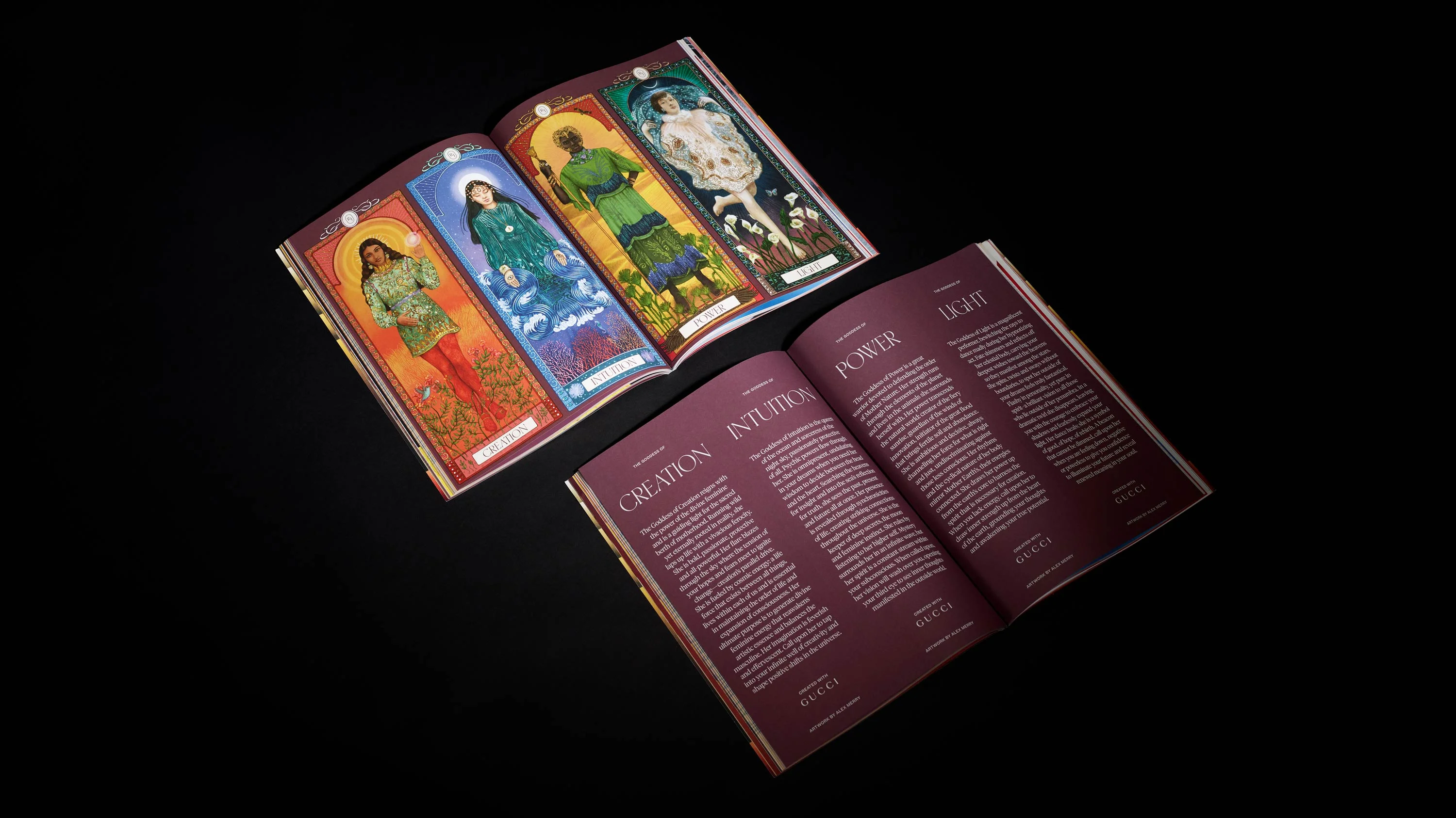 Gucci Goddesses of Creation for Romance Journal Issue 03. Creation, Intuition, Power and Light. Romance Journal issue 03 cover – Creation. Publication design, art direction, print design by RoAndCo. RoAndCo partnership with Gucci