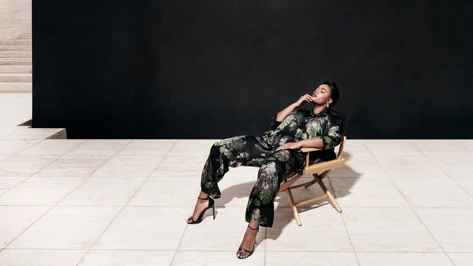 Model Precious Lee for 11 Honoré – wearing matching floral silk shirt and pants. Art Direction by RoAndCo