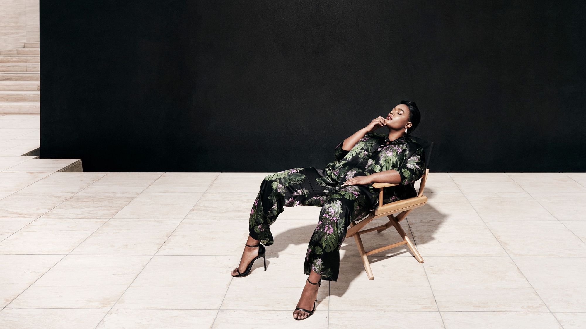 Model Precious Lee for 11 Honoré – wearing matching floral silk shirt and pants. Art Direction by RoAndCo   