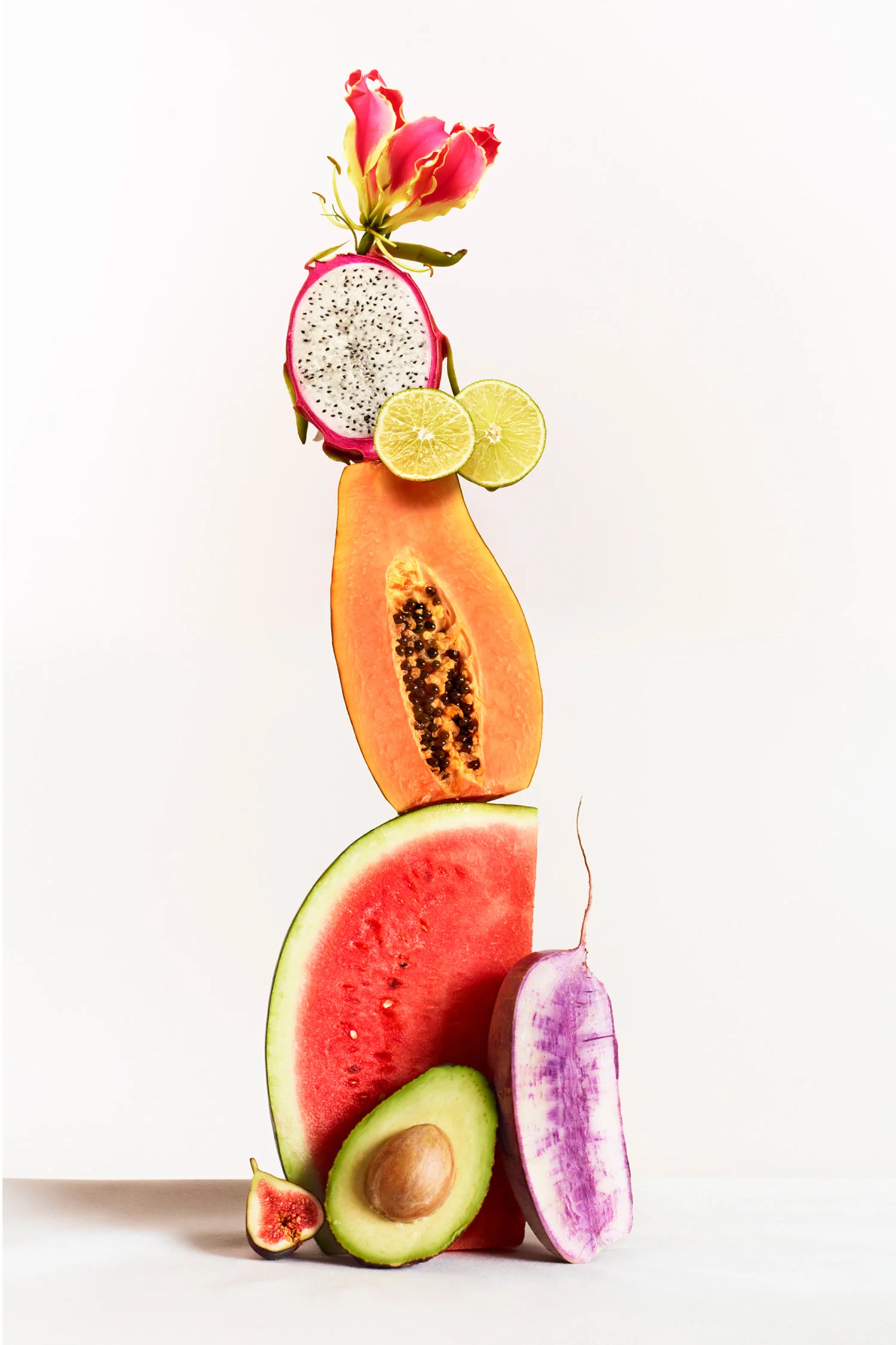 Stacked fruits and vegetables for Sakara campaign, Art direction by RoAndCo