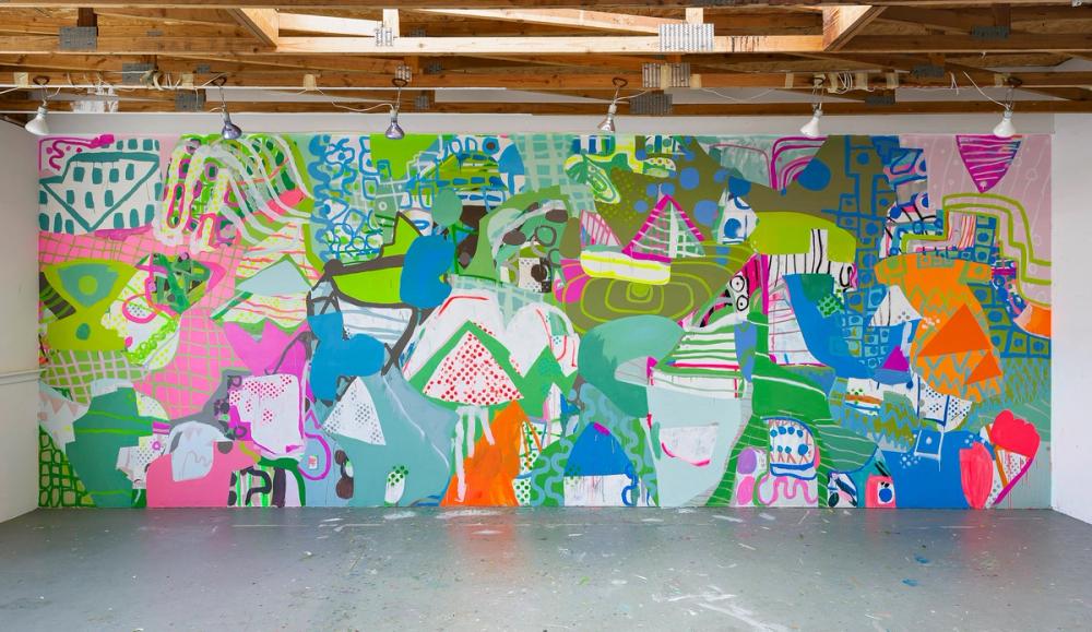 River One, site specific wall painting 2019, acrylic and spray paint on wall, 9 x 22 ft, Oakland, CA