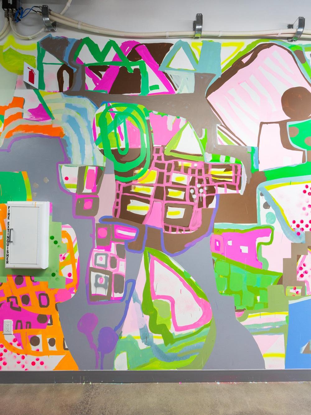Rain Pause, (detail) 2019, site specific mural at Facebook Headquarters, acrylic and spray paint on wall, 9 x 62 ft, San Francisco, CA