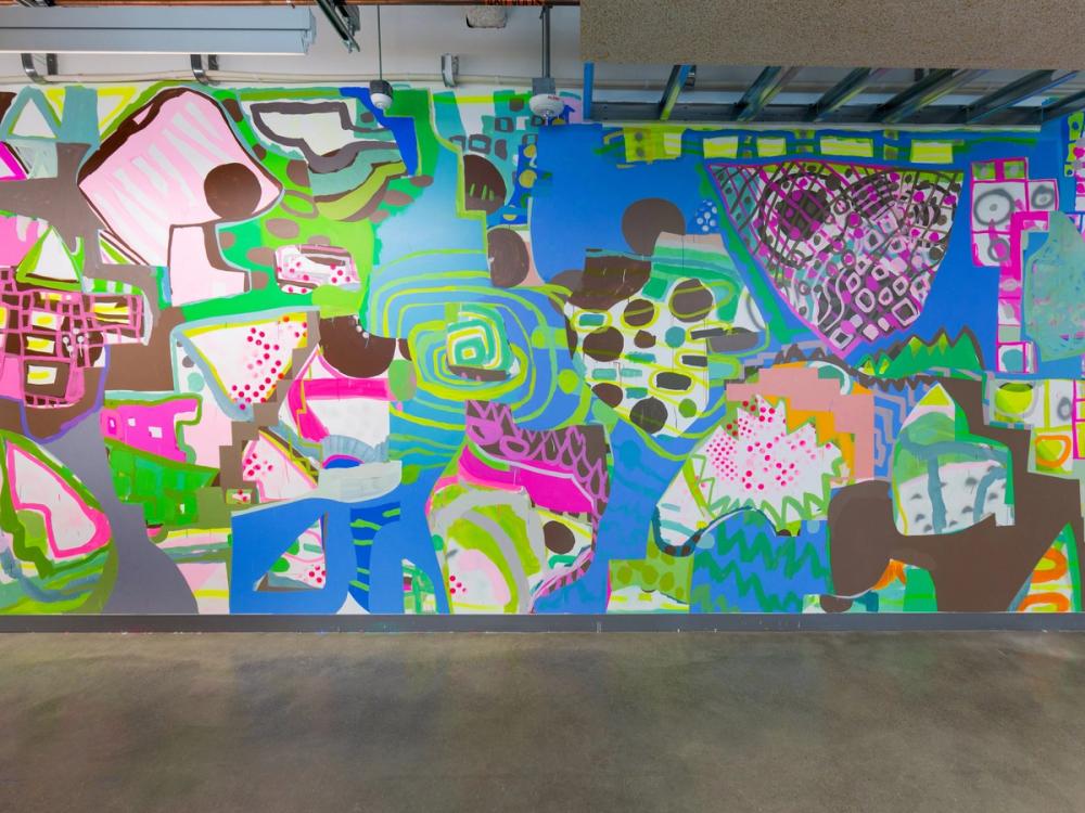 Hot Zone Delirium, 2019, site specific mural at Facebook Headquarters, acrylic and spray paint on wall, 9 x 62 ft, San Francisco, CA spray paint on wall, 9 x 62 ft, San Francisco, CA
