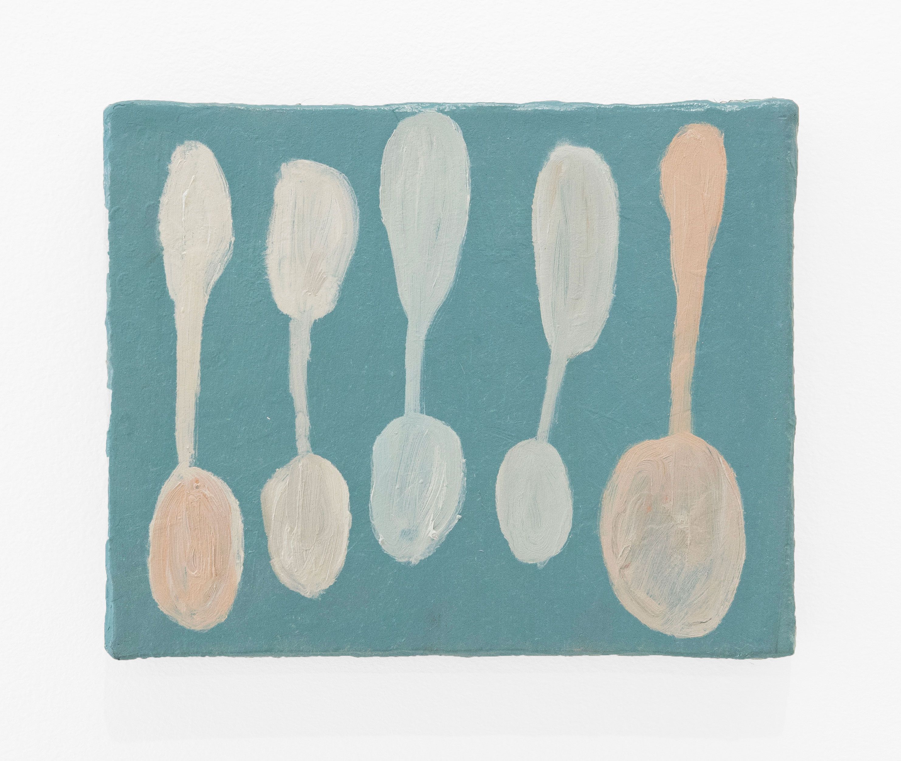 Spoons, 2026, oil on burlap on panel, 8.5 x 10.5 in.