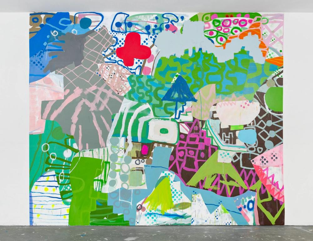 Downstream, site specific wall painting 2019, acrylic and spray paint on wall, 9 x 12 ft, Oakland, CA