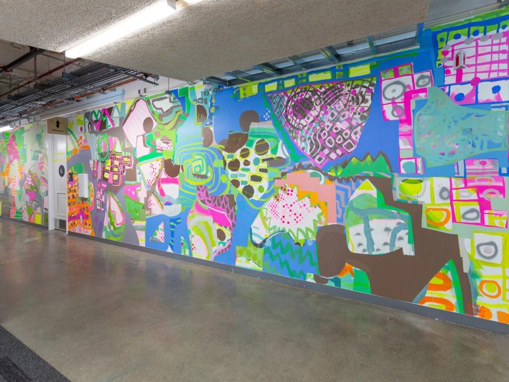 Hot Zone Delirium, 2019, site specific mural at Facebook Headquarters, acrylic and spray paint on wall, 9 x 62 ft, San Francisco, CA