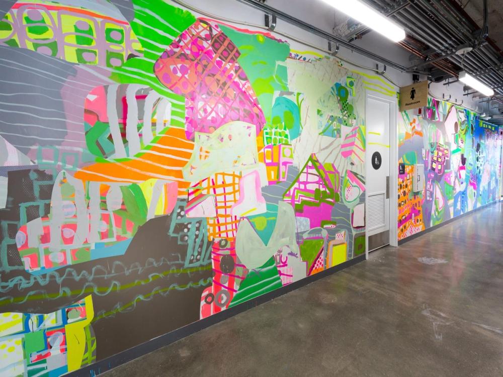 Hot Zone Delirium, 2019, site specific mural at Facebook Headquarters, acrylic and spray paint on wall, 9 x 62 ft, San Francisco, CAylic and spray paint on wall, 9 x 62 ft, San Francisco, CA