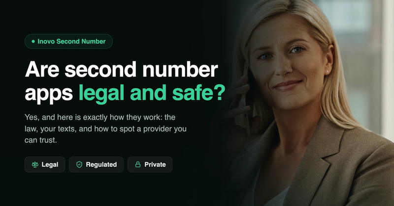 Woman holding a smartphone with a calm, confident expression next to the headline Are second number apps legal and safe