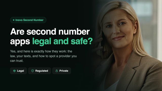 Woman holding a smartphone with a calm, confident expression next to the headline Are second number apps legal and safe