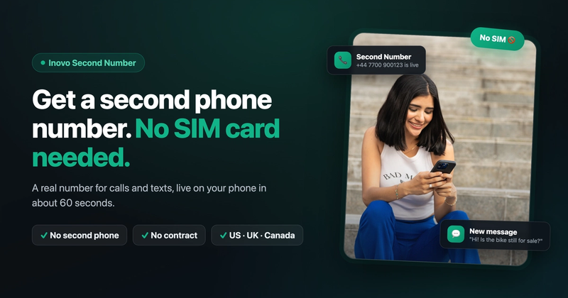 Woman smiling at her phone next to the headline Get a second phone number, no SIM card needed