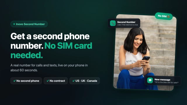 Woman smiling at her phone next to the headline Get a second phone number, no SIM card needed