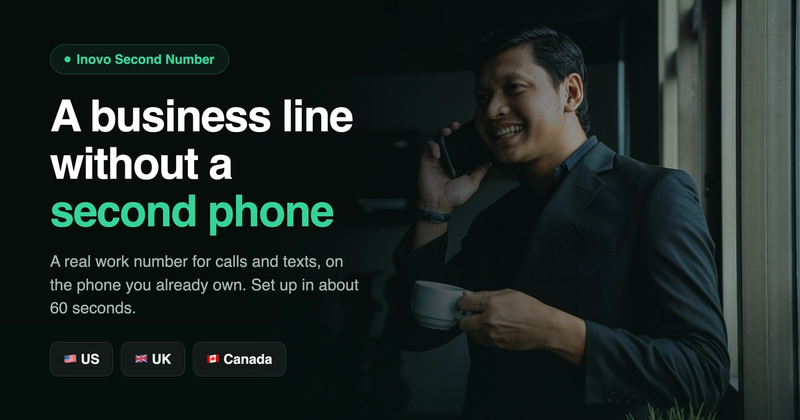 Smiling businessman taking a work call on his phone next to the headline A business line without a second phone