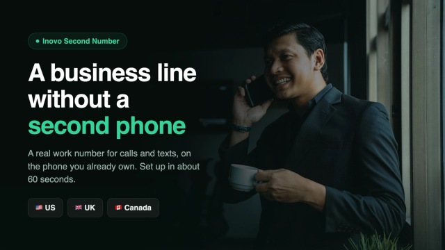 Smiling businessman taking a work call on his phone next to the headline A business line without a second phone