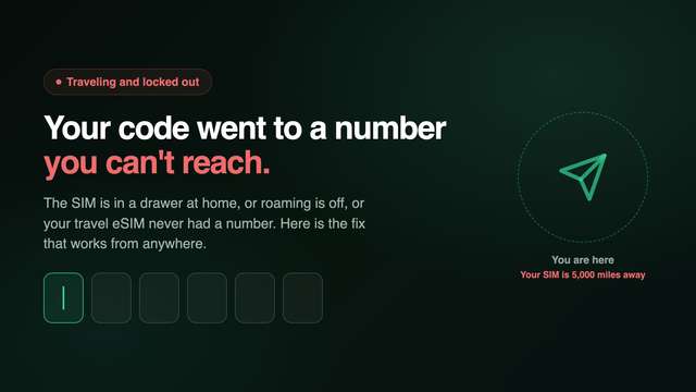 Six empty verification code boxes next to a plane icon and the headline Your code went to a number you can't reach