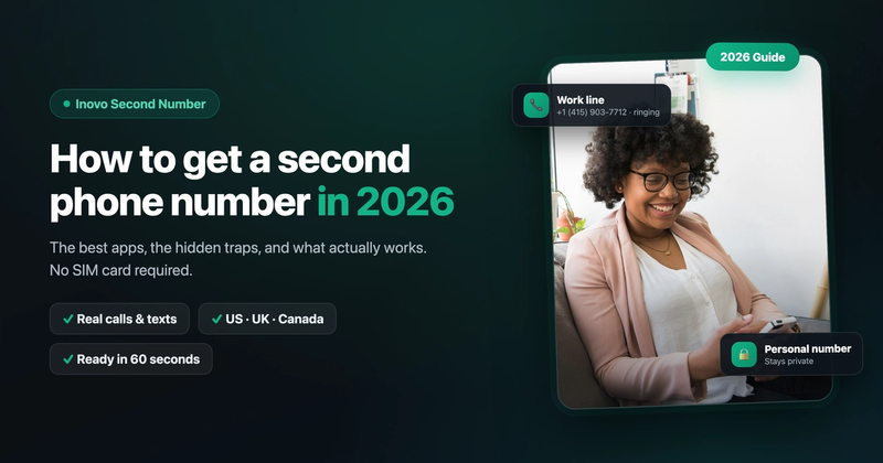 Woman smiling at her phone next to the headline How to get a second phone number in 2026