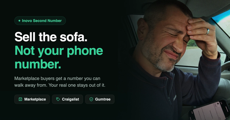 Marketplace seller with a phone in hand next to the headline Sell the sofa, not your phone number